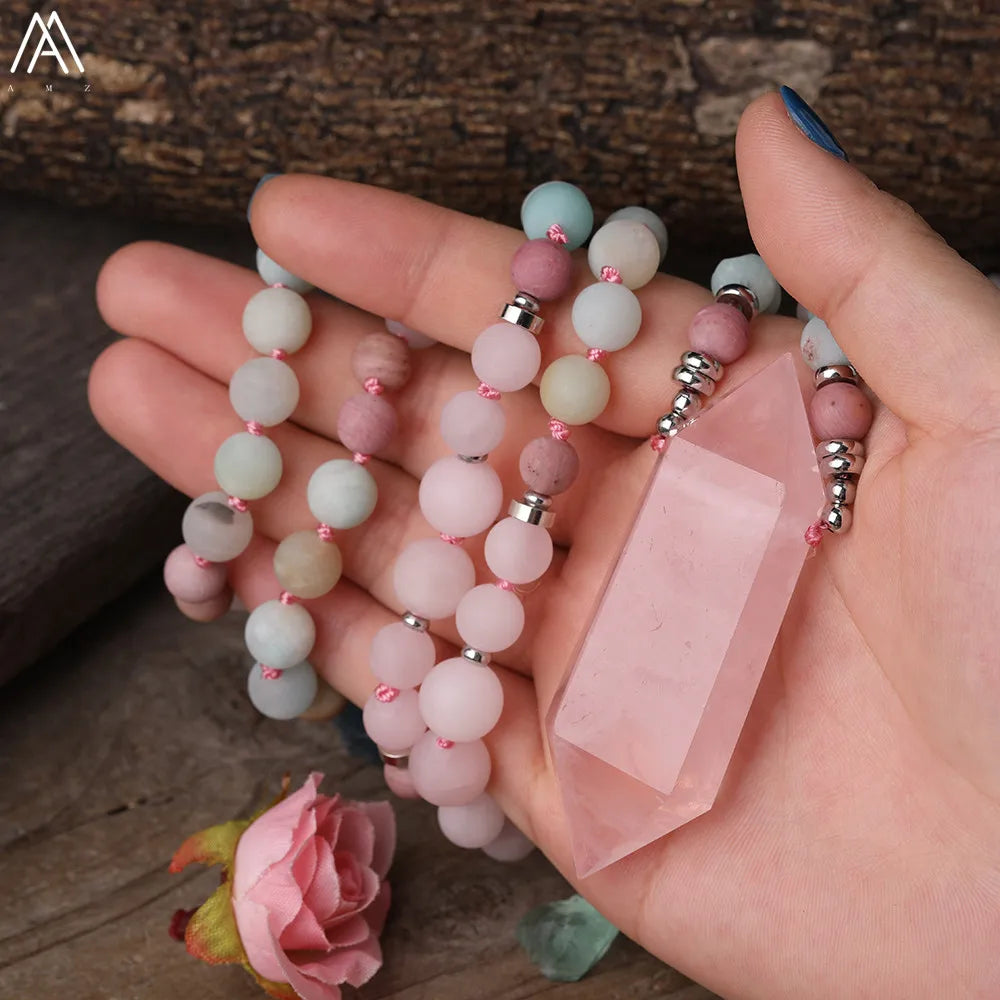 Rose Quartz Double Point Mala Necklace