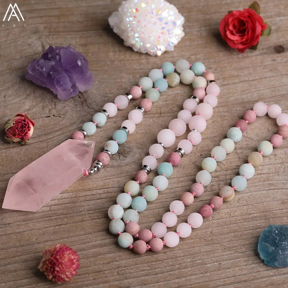 Rose Quartz Double Point Mala Necklace