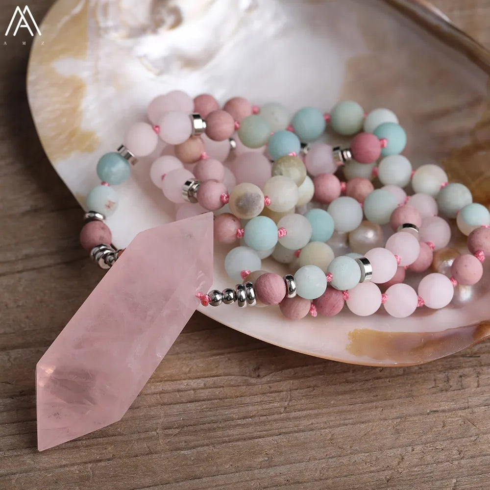 Rose Quartz Double Point Mala Necklace