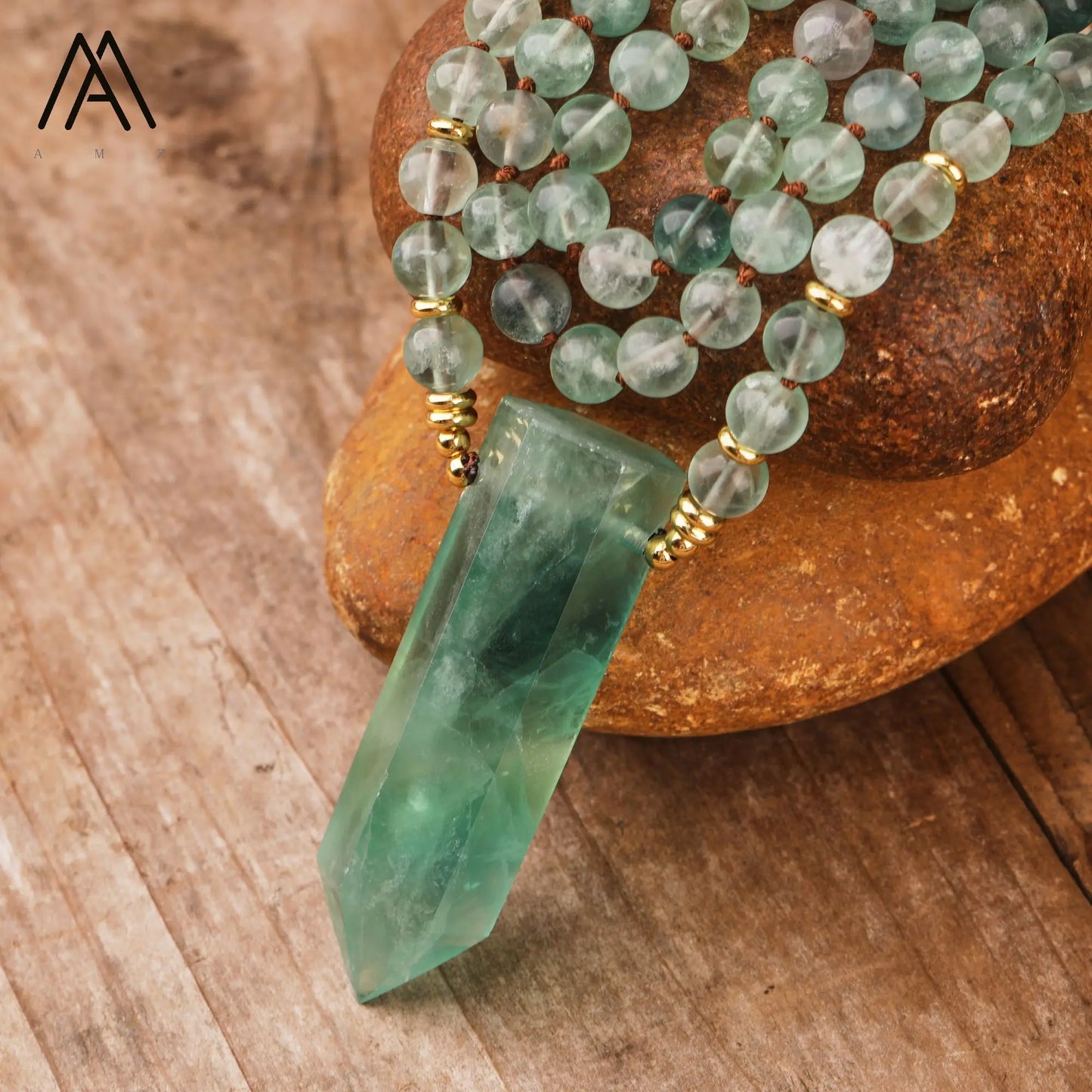 Green Fluorite Crystal Point Mala Necklace