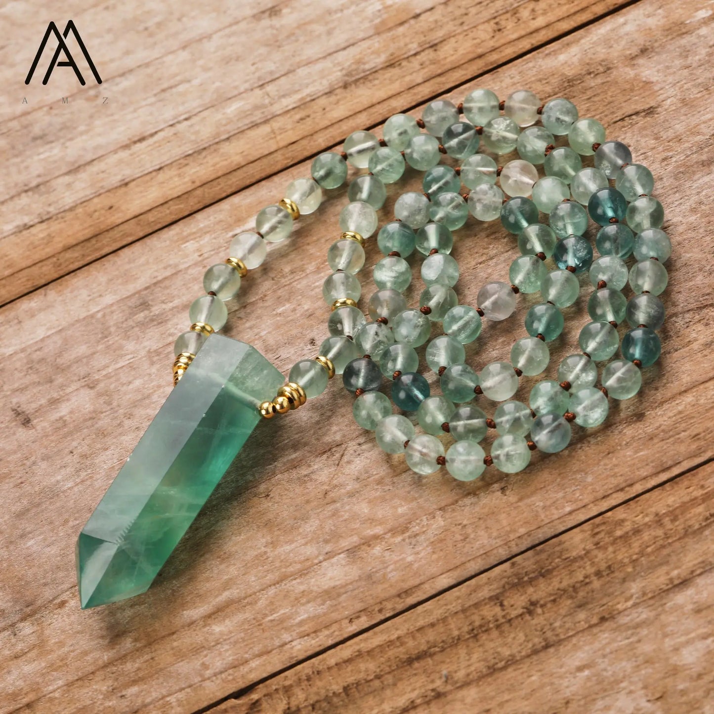 Green Fluorite Crystal Point Mala Necklace