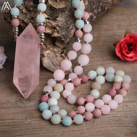 Rose Quartz Double Point Mala Necklace