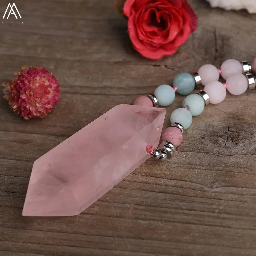 Rose Quartz Double Point Mala Necklace