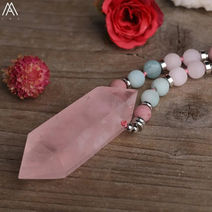 Rose Quartz Double Point Mala Necklace