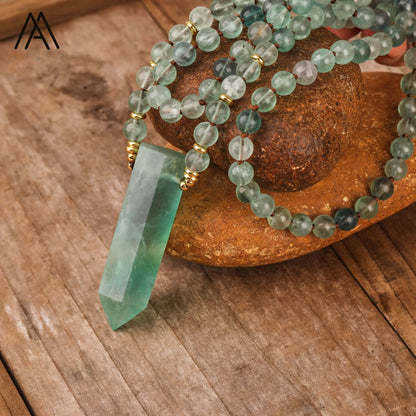 Green Fluorite Crystal Point Mala Necklace