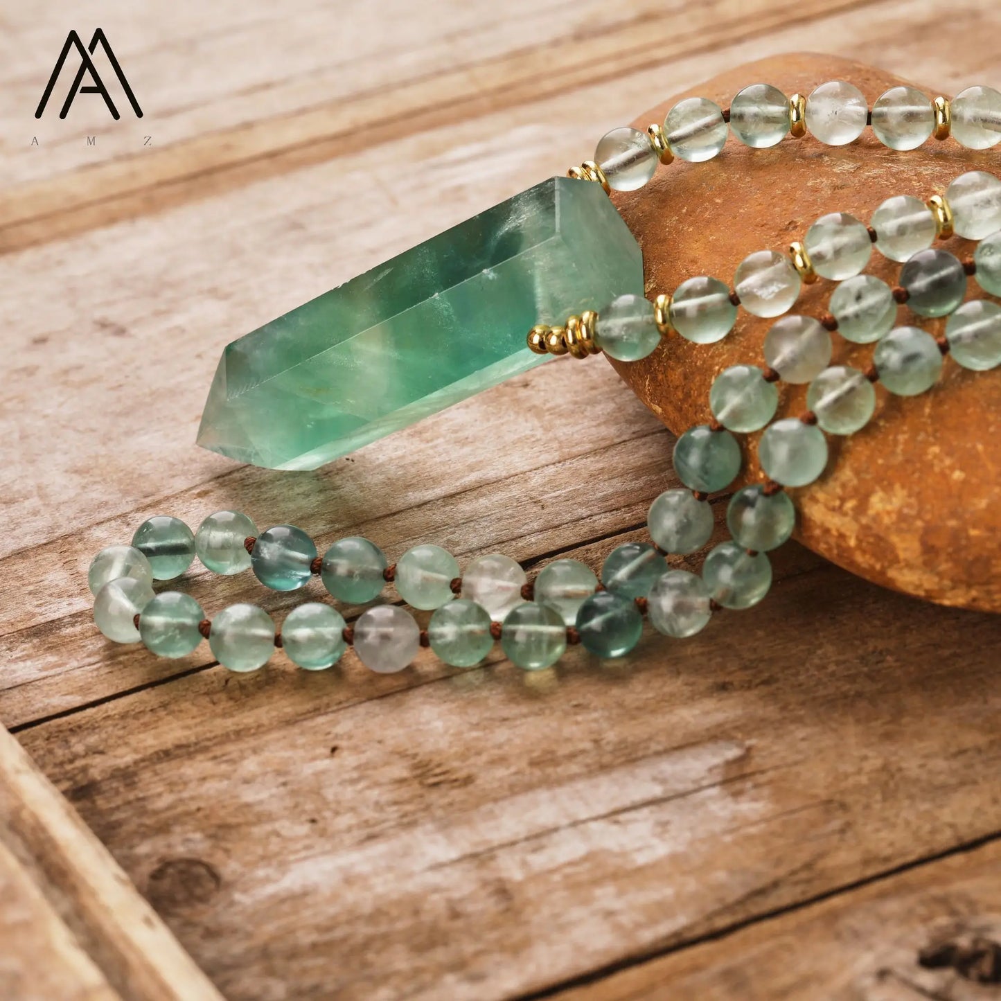 Green Fluorite Crystal Point Mala Necklace
