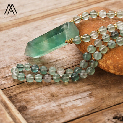 Green Fluorite Crystal Point Mala Necklace