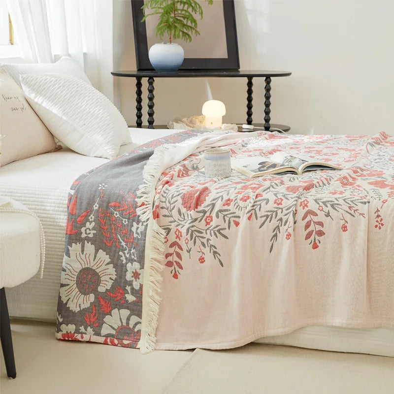 Boho Chic Floral 100% Cotton Reversible Blanket