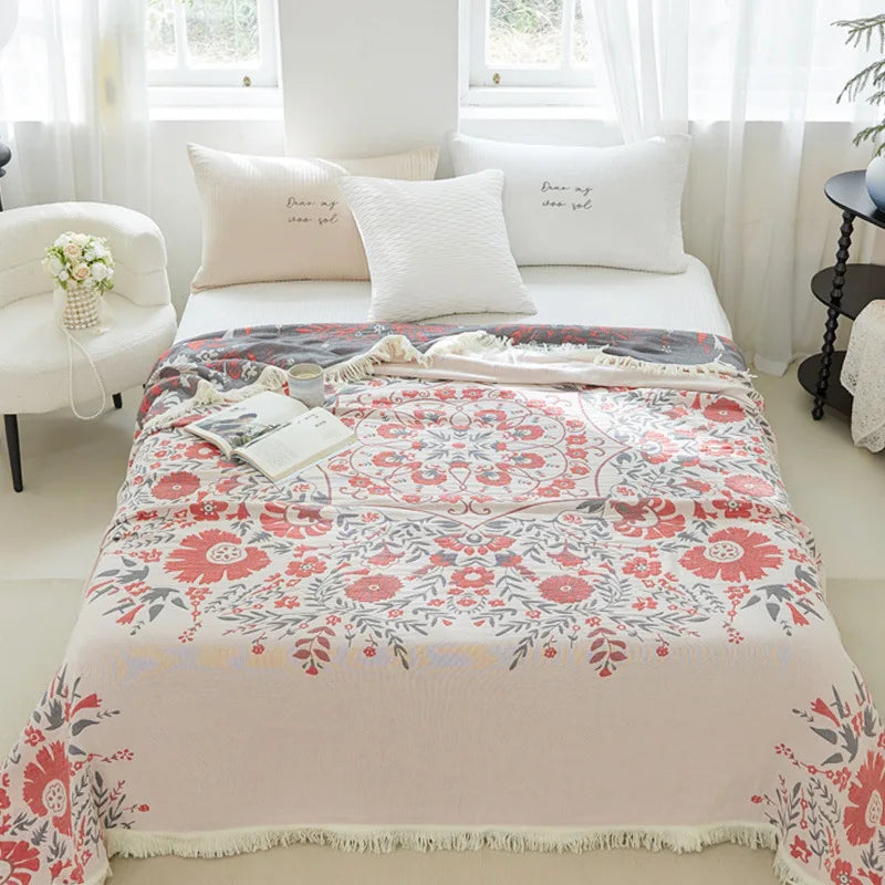 Boho Chic Floral 100% Cotton Reversible Blanket