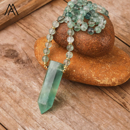 Green Fluorite Crystal Point Mala Necklace