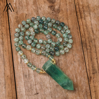 Green Fluorite Crystal Point Mala Necklace