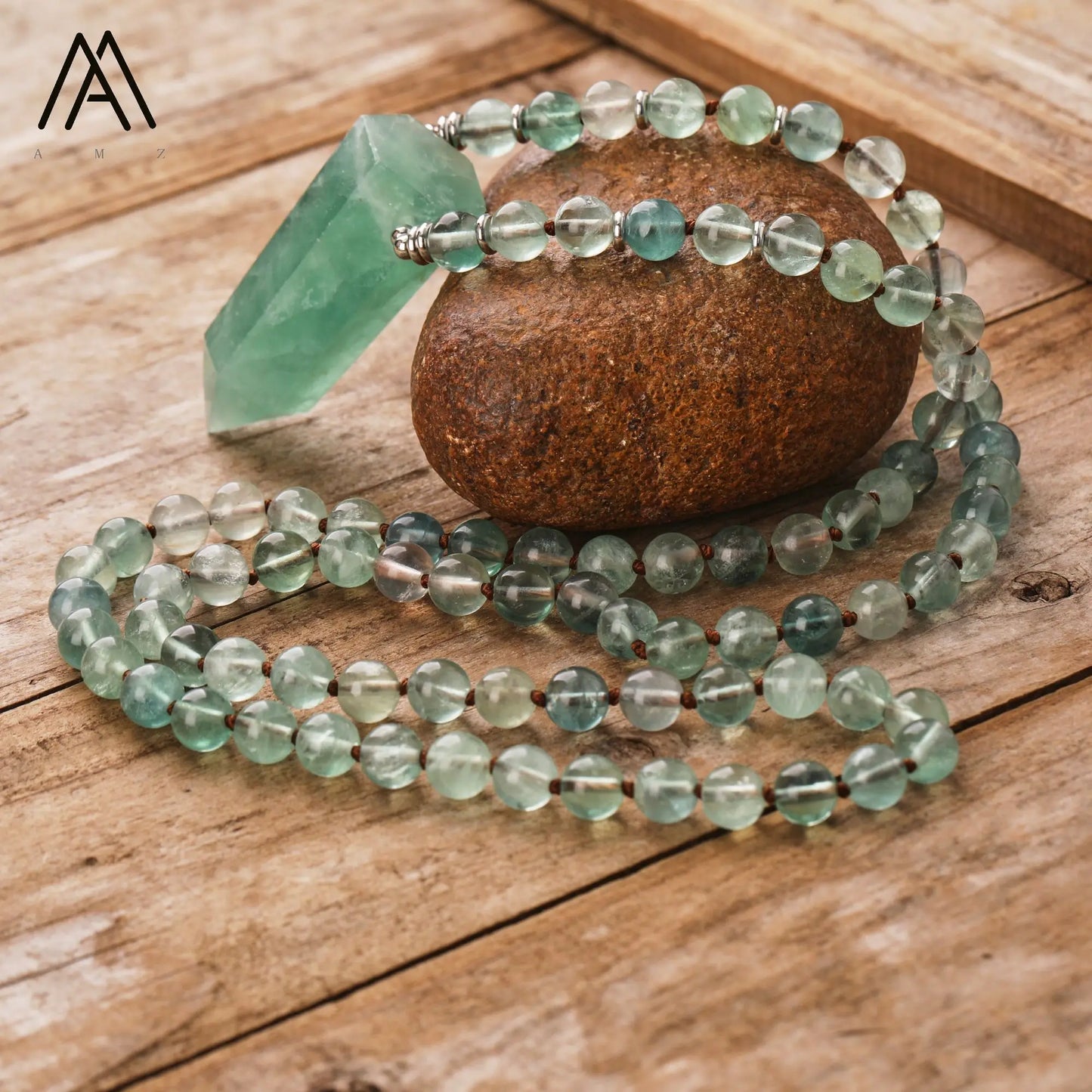 Green Fluorite Crystal Point Mala Necklace