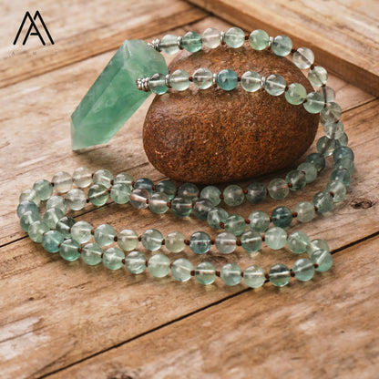 Green Fluorite Crystal Point Mala Necklace