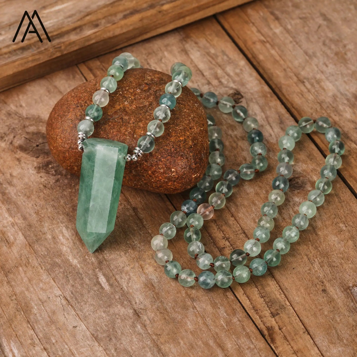 Green Fluorite Crystal Point Mala Necklace