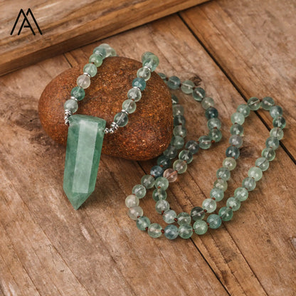 Green Fluorite Crystal Point Mala Necklace