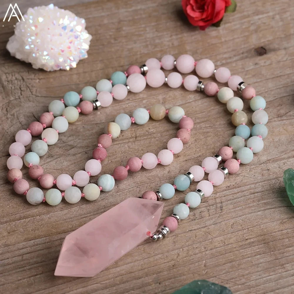 Rose Quartz Double Point Mala Necklace