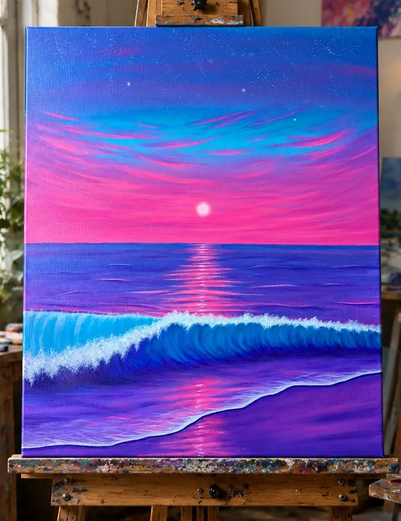 Dreamy Ocean Wave Original Painting | Pink Purple Sunset Coastal Canvas Art (20x24")
