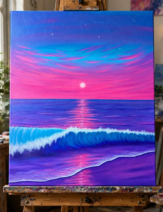 Dreamy Ocean Wave Original Painting | Pink Purple Sunset Coastal Canvas Art (20x24")