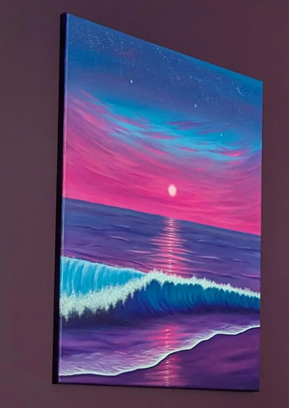 Dreamy Ocean Wave Original Painting | Pink Purple Sunset Coastal Canvas Art (20x24")