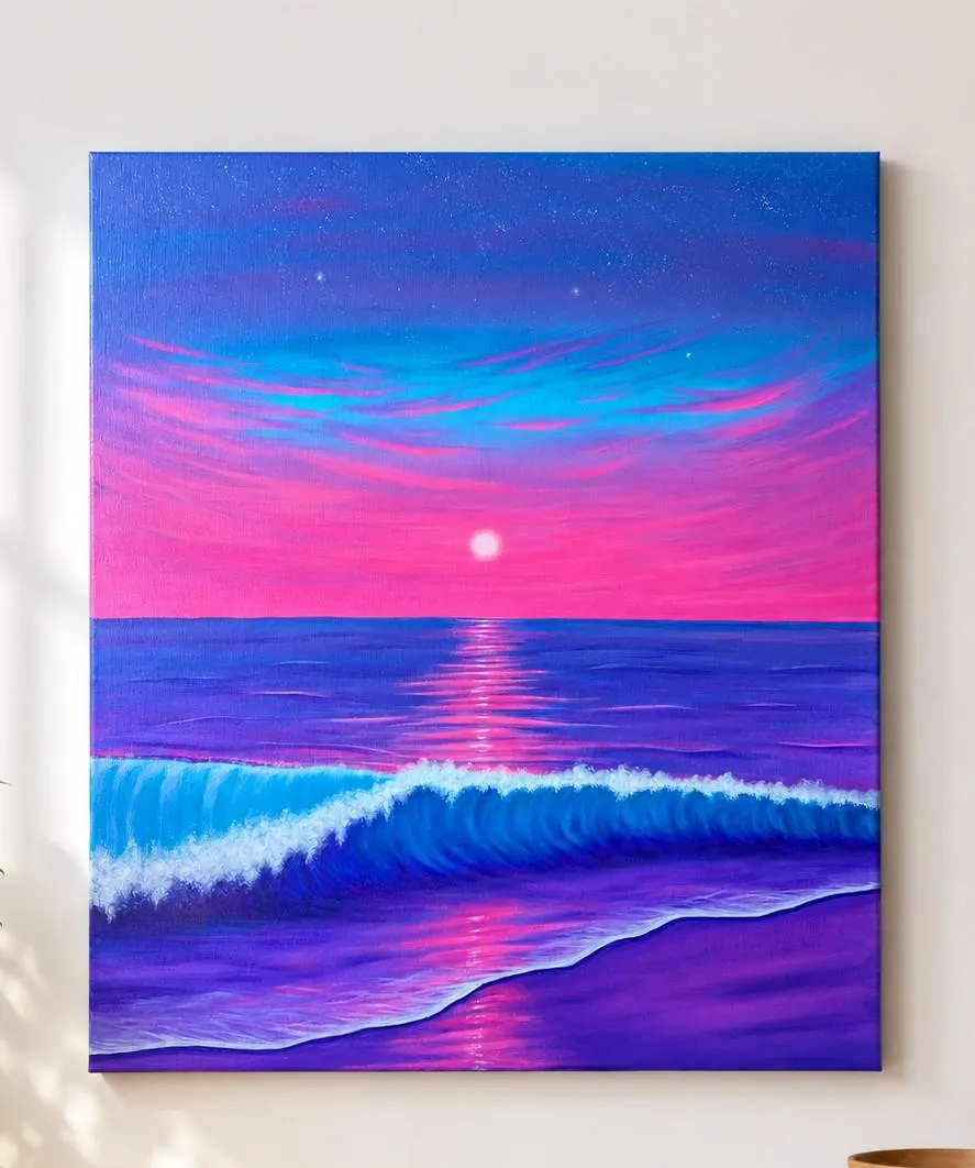 Dreamy Ocean Wave Original Painting | Pink Purple Sunset Coastal Canvas Art (20x24")