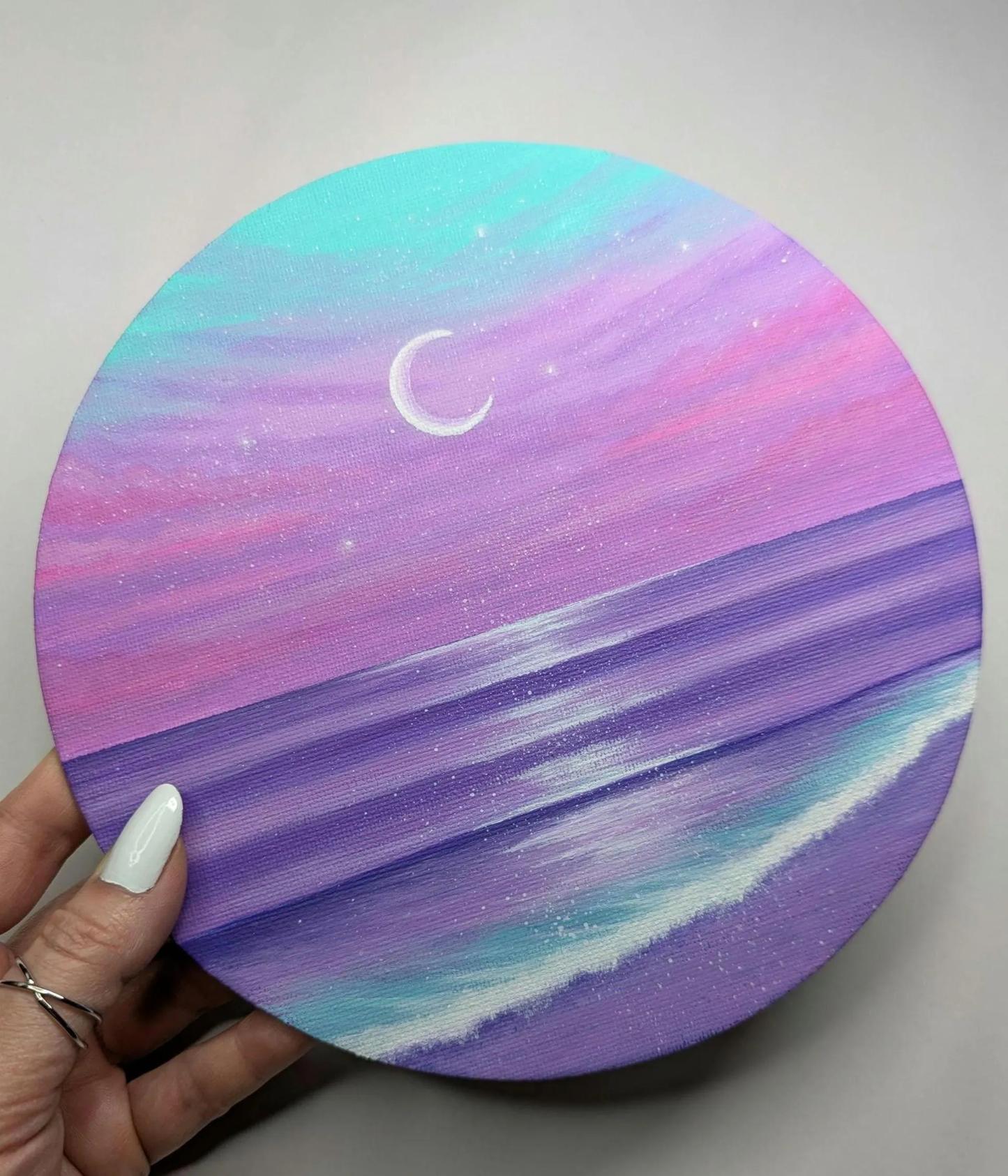 Dreamy Crescent Moon Seascape Painting - Original Acrylic Artwork on Round 8" Canvas Panel