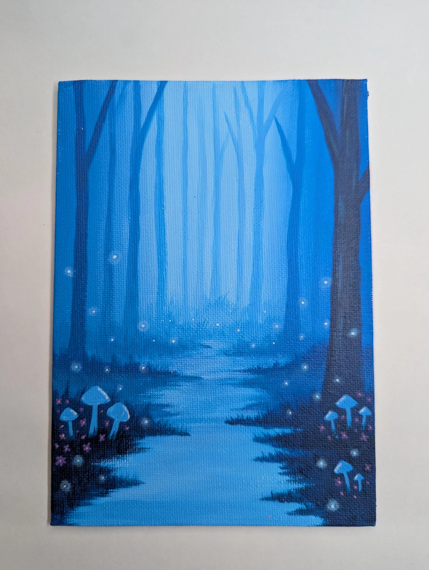 Blue Enchanted Forest Fantasy Landscape Painting - Original Acrylic Artwork on 5x7" Canvas Panel