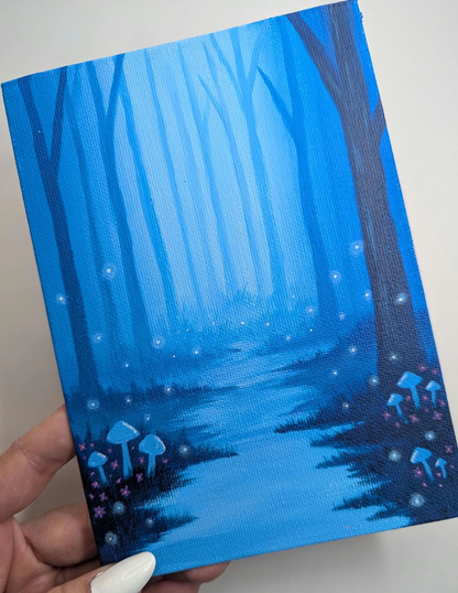 Blue Enchanted Forest Fantasy Landscape Painting - Original Acrylic Artwork on 5x7" Canvas Panel