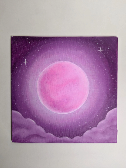 Pink Full Moon Painting – Original 6x6" Acrylic on Canvas Panel