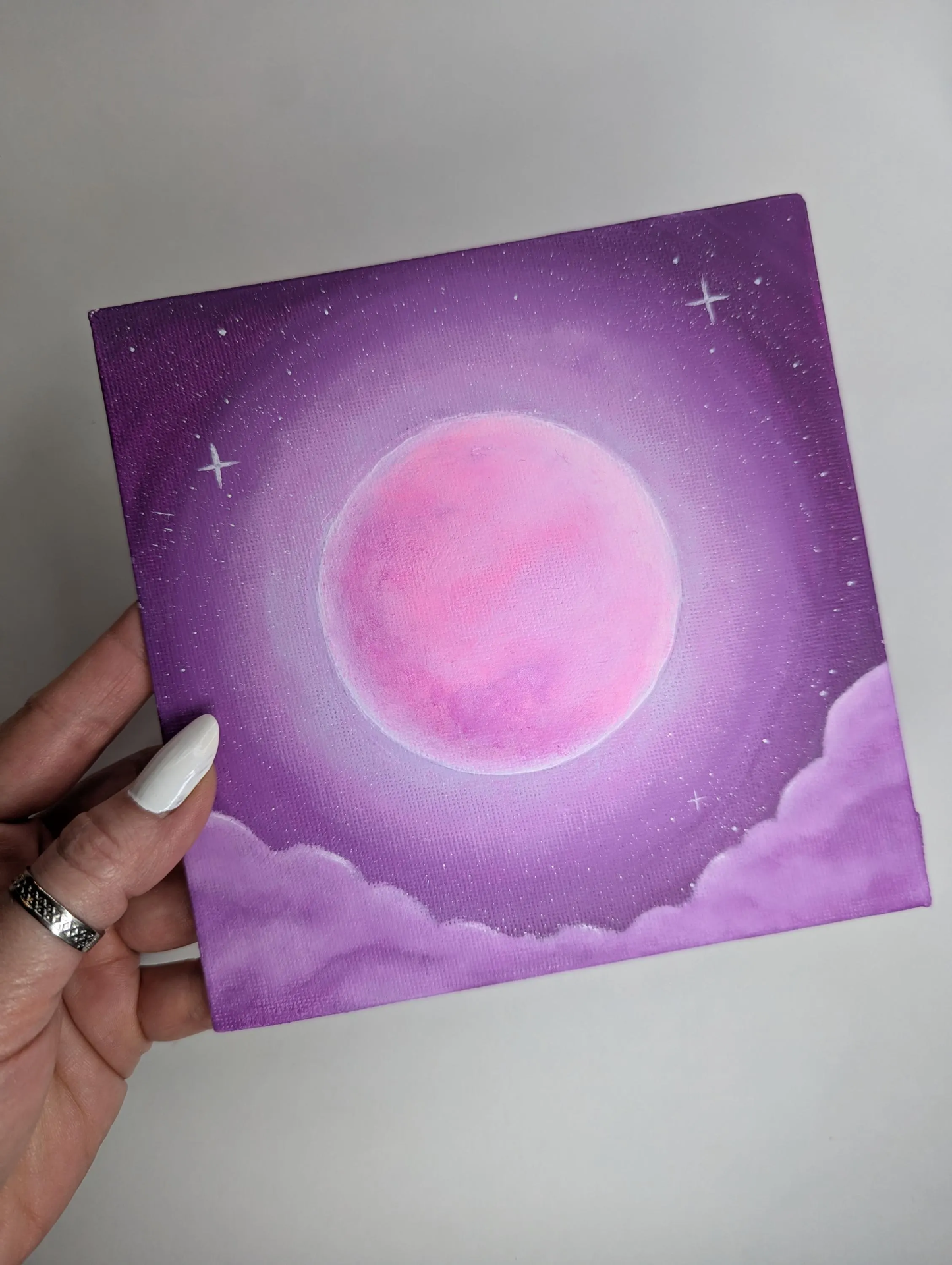 Pink Full Moon Painting – Original 6x6" Acrylic on Canvas Panel